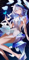 1girl absurdres blue_butterfly blue_hair blue_veil bug butterfly colored_eyelashes dress highres insect medium_hair purple_eyes red_pupils shorekeeper_(wuthering_waves) shuxiuxiao31244 solo two-tone_veil veil white_dress white_veil wuthering_waves