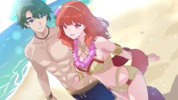 Rule 34 | 1boy, 1girl, abs, alm (fire emblem), beach, bikini, blue swim trunks, celica (fire emblem), celica (summer) (fire emblem), couple, criss-cross halter, criss-cross straps, fire emblem, fire emblem echoes: shadows of valentia, fire emblem heroes, flower, flower hairband, flower necklace, gold bikini, green eyes, green hair, hair flower, hair ornament, halterneck, hetero, holding hands, jewelry, lei, male swimwear, necklace, nintendo, official alternate costume, red eyes, red hair, red sash, sand, sash, summer, swim trunks, swimsuit, takasaka light, water