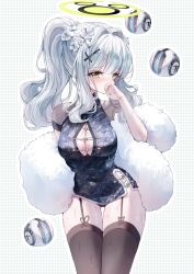 1girl absurdres alternate_breast_size black_dress black_thighhighs blue_archive blush breasts china_dress chinese_clothes cleavage cowboy_shot cross_hair_ornament dress drone fingernails garter_straps green_eyes green_halo grey_hair hair_ornament halo hare_(blue_archive) highres large_breasts long_hair looking_at_viewer ponytail sleeveless sleeveless_dress solo tandohark textless_version thighhighs white_fur