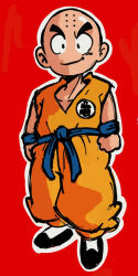 Rule 34 | 1boy, bald, bald male, dragon ball, happy, kuririn, looking at viewer, red background, smile, solo