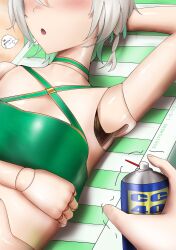 1girl 1other absurdres arm_up armpits beach_towel bikini blush brand_name_imitation breasts cecilia_immergreen commentary doll_joints english_commentary green_bikini green_hair grey_hair highres hololive hololive_english joints lying multicolored_hair on_back open_mouth short_hair small_breasts snipsman speech_bubble swimsuit towel virtual_youtuber wd-40