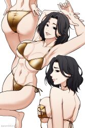 1girl absurdres adjusting_clothes arm_up armpits artist_name ass bare_shoulders barefoot bikini black_eyes black_hair breasts gold_bikini highres kim_yeonwoo korean_commentary large_breasts lipstick looking_at_viewer lookism makeup multiple_views navel pism0416 short_hair side-tie_bikini_bottom swimsuit toned toned_female white_background