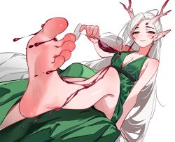 1girl alcohol antlers arm_support armpit_crease asymmetrical_hair bare_shoulders barefoot blush breasts closed_mouth collarbone commission cup dorsiflexion dress drinking_glass dripping dutch_angle eyelashes feet foot_drink foot_focus foot_out_of_frame foreshortening green_dress grey_hair hand_up highres holding horns indie_virtual_youtuber long_hair looking_at_viewer medium_breasts ponytail pouring pouring_onto_self ringed_eyes second-party_source side_slit simple_background sitting sleeveless sleeveless_dress smile soles solo sydus toes very_long_hair virtual_youtuber white_background wine wine_glass yellow_eyes