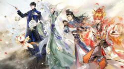 2girls 4boys black_boots black_hair black_hanfu black_hat blindfold blue_hanfu boots bracelet cat character_request chinese_clothes chinese_commentary closed_mouth cloud cloudy_sky commentary_request conductor_baton crown day dress floating_hair flower folding_fan frilled_sleeves frills gold_bracelet gold_crown gradient_hair green_hanfu grey_eyes grey_hair grey_pants hagoromo hand_fan hand_on_own_chest hanfu happy hat high_collar high_ponytail holding holding_baton holding_fan jewelry layered_sleeves leg_up light_particles lipstick long_hair long_sleeves looking_ahead looking_at_viewer makeup male_focus mandarin_collar mountain multicolored_hair multiple_boys multiple_girls nail_polish orange_hair orange_pants outdoors outstretched_arm pants petals pink_hair pink_lips pink_nails ponytail red_tiara robe shawl short_hair sky sleeves_past_wrists smile strapless strapless_dress the_tale_of_food thick_eyebrows tiara two-tone_pants very_long_hair white_dress white_flower white_hair white_hanfu white_pants white_robe ye_dian_pikaqiu