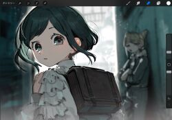 100387l 2girls art_program_in_frame backpack bag black_hair blurry blurry_background frilled_shirt frilled_sleeves frills fukurai_azami grey_eyes highres limited_palette long_sleeves looking_at_viewer looking_back multiple_girls outdoors parted_lips shirt short_hair solo_focus standing tomarigi_yasumi toshi_densetsu_kaitai_center upper_body white_shirt