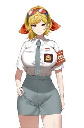 1girl armband blonde_hair breast_pocket breasts character_name collared_shirt corrupted_twitter_file eyewear_on_head grey_necktie grey_skirt hair_ribbon hand_on_own_hip highres hololive hololive_indonesia kaela_kovalskia large_breasts mulhubs necktie pocket red_armband red_eyes red_ribbon ribbon shadow shirt skirt solo virtual_youtuber white_background white_shirt