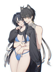 Rule 34 | 1boy, 1girl, absurdres, alternate costume, bikini, black eyes, black hair, black pants, black shrug, blue bikini, blush, breasts, collarbone, commentary request, couple, cowboy shot, feather hair, grey shirt, hair intakes, hand in bikini, hand on another&#039;s stomach, hand up, hetero, highres, hood, hood down, hug, hug from behind, kohane kun, long hair, looking at another, male rover (wuthering waves), medium breasts, mole, mole under eye, one eye closed, pants, revision, rover (wuthering waves), shirt, shrug (clothing), simple background, sleeveless, sleeveless shirt, smile, swimsuit, tacet mark (wuthering waves), very long hair, white background, wuthering waves, yangyang (wuthering waves), yellow eyes