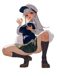 1girl absurdres black_socks breasts brown_shoes coin full_body grabbing_own_breast green_skirt grey_hair hat high_heels highres holding holding_coin kneehighs large_breasts long_hair long_sleeves looking_at_viewer original panties red_eyes saliva saliva_trail shirt shoes simple_background skirt socks solo spread_legs squatting tongue tongue_out underwear white_background white_hat white_panties white_shirt yunjuice