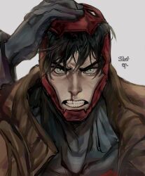 Rule 34 | 1boy, bat signal, batman (series), batman symbol, black bodysuit, black gloves, black hair, bodysuit, brown jacket, coquetteleon, dc comics, gloves, green eyes, grey bodysuit, highres, jacket, jason todd, male focus, mask, muscular, muscular male, open clothes, red hood (dc), red mask, short hair, superhero costume, taut bodysuit, two-tone bodysuit, western comics (style)