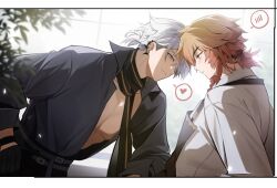 2boys absurdres antenna_hair apron black_apron black_choker black_gloves black_shirt blonde_hair blue_eyes blush braid choker collared_shirt com777790 earclip from_side gloves gradient_hair hair_between_eyes half_gloves hashtag-only_commentary heart highres honkai:_star_rail honkai_(series) looking_at_another male_focus medium_hair multicolored_hair multiple_boys mydei_(honkai:_star_rail) neck_tattoo official_alternate_costume orange_eyes parted_bangs pectoral_cleavage pectorals phainon_(fashion)_(honkai:_star_rail) phainon_(honkai:_star_rail) ponytail profile red_hair red_tattoo shirt short_hair side_braid spoken_blush spoken_heart tattoo white_hair white_shirt yaoi
