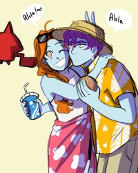 Rule 34 | 1boy, 1girl, alternate costume, bendy straw, blue skin, braid, colored skin, commentary, cup, disposable cup, drink, drinking straw, dulse (pokemon), english commentary, eyewear on head, floral print, food, gen 4 pokemon, grey eyes, hand on another&#039;s shoulder, hat, hawaiian shirt, heart, highres, holding, holding cup, holding drink, holding food, ikarikari, leaf print, long hair, malasada, nintendo, one eye closed, orange hair, orange pupils, orange shirt, pink sarong, pokemon, pokemon usum, purple hair, rotom, rotom dex, sarong, shirt, short hair, simple background, smile, speech bubble, spoken heart, straw hat, sunglasses, tank top, teeth, twin braids, v, white shirt, yellow background, zossie (pokemon)