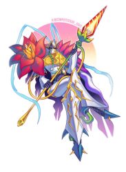 armor bloomlordmon blue_eyes chinese_commentary commentary_request confeito000_333 crossed_legs digimon digimon_(creature) flower full_body hat highres holding holding_polearm holding_weapon invisible_chair knight looking_at_viewer petals pink_petals polearm red_flower simple_background sitting solo spear twitter_username weapon white_armor white_background white_hat