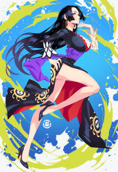 1girl atomicmrshmallw black_dress black_hair black_shoes blue_background blue_hair boa_hancock breasts commentary dress earrings eyelashes floating_clothes floating_hair full_body green_background hand_on_own_hip high_heels highres jewelry large_breasts long_hair looking_at_viewer one_piece one_piece:_stampede profile purple_sash sash shoes side_slit snake_earrings solo standing standing_on_one_leg two-tone_dress watermark white_background white_dress
