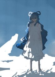 Rule 34 | 1girl, absurdres, alternate costume, alternate hair length, alternate hairstyle, barefoot, blue eyes, blue hair, blue sky, cerevevisiae, closed mouth, cloud, dress, full body, hair rings, highres, kaku seiga, long hair, looking at viewer, outdoors, short hair, sky, solo, standing, touhou, white dress