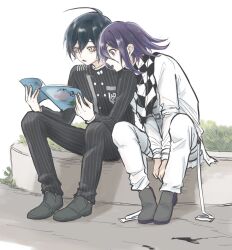2boys ahoge arm_belt arms_between_legs black_hair black_jacket book buttons checkered_clothes checkered_scarf collared_jacket commentary danganronpa_(series) danganronpa_v3:_killing_harmony eyelashes flipped_hair hair_between_eyes holding holding_book jacket leaning_on_person long_sleeves male_focus mary_(marlone_kuhl) medium_hair multiple_boys oma_kokichi open_book open_mouth outdoors pants pinstripe_jacket pinstripe_pants pinstripe_pattern profile purple_eyes purple_hair reading saihara_shuichi scarf short_hair sitting striped_clothes striped_jacket striped_pants thigh_strap two-tone_scarf yellow_eyes