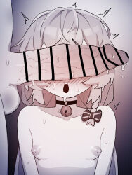 1boy 1futa bar_censor bell blush bow censored choker erection futa_on_male futa_with_male futanari hair_bow highres howcow_(vtuber) huge_penis ikr_(artist) indie_virtual_youtuber long_hair neck_bell nipples open_mouth penis penis_awe penis_on_face penis_over_eyes precum testicles tongkkangi tongkkangi_(streamer) trap virtual_youtuber
