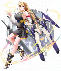 Rule 34 | 1girl, adapted costume, alternate weapon, bare shoulders, black dress, blonde hair, boots, breasts, closed mouth, commentary request, detached sleeves, dress, fate testarossa, from side, full body, high heel boots, high heels, highres, holding, holding weapon, large breasts, long hair, lyrical nanoha, magic, mahou shoujo lyrical nanoha, mahou shoujo lyrical nanoha a&#039;s, paid reward available, red eyes, shirt, short dress, sleeveless, sleeveless shirt, solo, sougetsu izuki, standing, standing on one leg, sword, weapon, white sleeves