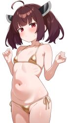 1girl absurdres ahoge bikini blush breasts brown_hair closed_mouth commentary_request gold_bikini highres micro_bikini navel red_eyes shiguren_39 short_hair side-tie_bikini_bottom simple_background small_breasts solo swimsuit touhoku_kiritan twintails voiceroid white_background