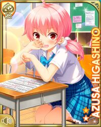 1girl blue_bow blue_skirt bow card_(medium) character_name classroom collar day girlfriend_(kari) hiding_face higashino_azusa indoors looking_at_viewer official_art open_mouth pink_eyes pink_hair plaid_clothes plaid_skirt qp:flapper school_uniform shirt shy sitting skirt solo tagme twintails white_shirt