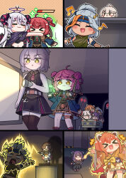 &gt;_&lt; +++ 6+girls :3 :d :o ^_^ absurdres animal_ears bare_arms bare_shoulders beamed_eighth_notes biting_arm black_shirt black_skirt blank_eyes blue_dress blush_stickers braid breasts brown_eyes brown_kimono brown_thighhighs character_request chibi cleavage closed_eyes closed_mouth collared_shirt commentary dark-skinned_female dark_skin disembodied_head double_bun dress eighth_note electricity english_commentary flashlight grey_hair hair_bun hair_rings halo highres holding horns indira_naylarissa indoors japanese_clothes kimono long_sleeves medium_breasts multiple_girls musical_note obi open_mouth parted_lips project_livium purple_hair r.e.p.o. red_hair rutorifuki sash sharp_teeth shirt short_eyebrows silvia_valleria skirt sleeveless sleeveless_shirt smile teeth thick_eyebrows thighhighs twin_braids virtual_youtuber wide_sleeves xd