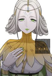 Rule 34 | 1girl, breasts, bright pupils, circlet, closed mouth, commentary request, eyelashes, green eyes, green lips, green nails, grey hair, highres, joanna (metaphor: refantazio), large breasts, looking at viewer, mature female, metaphor: refantazio, nafuda, nail polish, sidelocks, simple background, smile, solo, upper body, white background, white pupils
