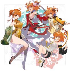 Rule 34 | 1girl, :q, ahoge, asymmetrical legwear, backpack, bag, bare legs, bare shoulders, boots, breasts, circlet, cosplay, detached sleeves, dress, fate/grand order, fate (series), flats, floating, food, fujimaru ritsuka (female), fujimaru ritsuka (female) (chinese ver. 4th anniversary), fujimaru ritsuka (female) (chinese ver. 9th anniversary), fujimaru ritsuka (female) (concept dress), fujimaru ritsuka (female) (the three great heroes), grin, hair ornament, hair scrunchie, hanako (onikutabetaiyo), headband, heart, high collar, highres, holding, holding food, jewelry, leg warmers, long sleeves, looking at viewer, medium breasts, multiple views, necklace, official alternate costume, one eye closed, open mouth, orange eyes, orange hair, pelvic curtain, platform boots, puffy sleeves, scrunchie, short hair, sideboob, sleeveless, sleeveless dress, smile, sun wukong, sun wukong (cosplay), tassel, thigh strap, thighs, tongue, tongue out