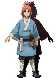 1boy bad_tag blessing braid crisis_of_memory demi-human determined green_eyes guardian_bearer highres isekai kai_(teogonia) light_blue_hakama looking_at_viewer magic male_focus open_mouth orange_hair polearm red_mark_on_face reincarnated short_hair solo spear spearmastery teogonia traditional_clothing weapon