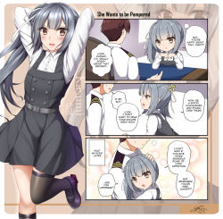 1boy 1girl 4koma admiral_(kancolle) anger_vein asymmetrical_legwear belt blush brown_hair collared_shirt comic commentary dated desk dress english_commentary english_text hair_ribbon hand_on_another&#039;s_head hug kantai_collection kasumi_(kancolle) kasumi_kai_ni_(kancolle) long_hair long_sleeves military military_uniform open_mouth orange_eyes pinafore_dress pout ribbon sheita shirt side_ponytail signature silver_hair sitting sleeveless sleeveless_dress uneven_legwear white_ribbon white_shirt