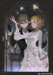 1boy 1girl akihare black_gloves black_jacket blonde_hair blue_eyes bow bowtie braid candle christine_daae christine_daae_(cosplay) commentary cosplay crown_braid dress english_commentary erik_(phantom_of_the_opera) erik_(phantom_of_the_opera)_(cosplay) formal_clothes frilled_dress frills gloves gown green_eyes half_mask hand_up highres jacket link long_sleeves low_ponytail mask mirror nintendo parted_lips phantom_of_the_opera pointy_ears ponytail princess_zelda reflection reflection_focus shirt short_hair suit the_legend_of_zelda the_legend_of_zelda:_breath_of_the_wild watermark weibo_watermark white_bow white_bowtie white_dress white_shirt