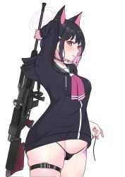 1girl animal_ears black_choker black_hair black_hoodie black_panties blue_archive blush breasts bren_lmg cat_ears cat_girl choker colored_inner_hair commentary_request cowboy_shot extra_ears gun halo highres holding holding_gun holding_weapon hood hood_down hoodie kazusa_(blue_archive) light_machine_gun looking_at_viewer machine_gun mauichi medium_breasts multicolored_hair neckerchief no_pants panties pink_hair pink_halo pink_neckerchief short_hair side-tie_panties simple_background solo two-tone_hair underwear untied_panties weapon white_background