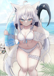 1girl 1other absurdres ahoge animal_ear_fluff animal_earrings animal_ears aqua_eyes bare_shoulders bikini blush braid breasts closed_mouth collarbone fox_ears fox_girl fox_tail frilled_thigh_strap fubuchun hair_between_eyes hand_on_own_hip highres holding hololive innertube large_breasts long_hair looking_at_viewer matudo_yuu navel pentagram see-through_clothes shirakami_fubuki side_braid solo_focus stomach sunglasses swim_ring swimsuit tail thigh_strap thighs virtual_youtuber white_bikini