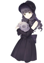1girl armpit_crease back_bow bare_shoulders belt black_belt black_bow black_hat black_nails black_pantyhose black_skirt black_sleeves bow buttons center_frills closed_mouth commentary_request cropped_legs detached_sleeves drill_hair fingernails frilled_hat frilled_shirt frilled_shirt_collar frilled_sleeves frills goth_fashion hair_over_shoulder hat hat_bow high_collar highres holding holding_skull long_hair long_sleeves medium_skirt mole mole_under_mouth nail_polish original pantyhose pleated_skirt purple_bow purple_hair riuichi shirt skirt skull sleeve_bow sleeveless sleeveless_shirt sleeves_past_wrists smile solo twin_drills yellow_brooch yellow_eyes