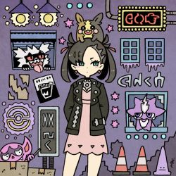 1girl against_wall arms_behind_back black_hair blue_eyes box cardboard_box commentary ditto galarian_form galarian_zigzagoon garouma gen_1_pokemon gen_3_pokemon gen_8_pokemon highres impidimp marnie_(pokemon) morpeko morpeko_(full) neon_lights nintendo on_head poke_ball_symbol pokemon pokemon_(creature) pokemon_on_head pokemon_swsh star_(symbol) tongue tongue_out toxel traffic_cone transformed_ditto twintails window zigzagoon