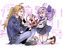 1boy 1girl ahoge animal_slippers bangboo_(zenless_zone_zero) blonde_hair blue_jacket blue_pants blue_shirt chain chain_necklace drill_hair eous_(zenless_zone_zero) fur_shorts hugo_vlad jacket jewelry kneehighs kneeling looking_at_another mensang mole mole_under_eye necklace open_mouth pants pointy_ears ponytail purple_hair red_eyes shirt shoes sitting slippers smile socks torn_clothes torn_jacket twin_drills vivian_banshee von_lycaon zenless_zone_zero