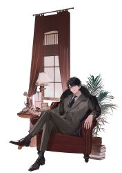 1boy absurdres antique_phone armchair bishounen black_coat black_hair black_necktie black_shoes black_socks blue_eyes bookstore buttons chair chinese_commentary closed_mouth coat coat_on_shoulders collared_jacket collared_shirt commentary_request crossed_legs curtains flower formal_clothes full_body fur-trimmed_coat fur_trim grey_jacket grey_pants grey_sleeves grey_suit hair_between_eyes highres holding holding_phone jacket lamp layered_sleeves li_zeyan light_frown long_sleeves looking_at_viewer love_and_producer male_focus necktie nickel_nike on_chair painting_(object) pants phone pink_flower pink_rose pinstripe_jacket pinstripe_pants pinstripe_pattern plant pocket potted_plant rose shirt shoes shop short_hair simple_background sitting socks solo suit table vertical-striped_sleeves white_background white_shirt window