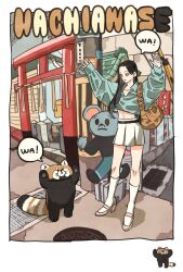 1girl arms_up bag black_hair blue_shirt collared_shirt commentary_request eye_contact full_body hair_behind_ear handbag highres long_hair looking_at_another mouse_(animal) original outdoors red_panda road shirt skirt socks street takeuchi_ryousuke takeuchi_ryousuke_(character) white_skirt white_socks