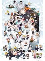1boy absolutely_everyone absurdres akutami_gege_(avatar) bandaid bandaid_on_arm bandaid_on_cheek bandaid_on_face blue_background border character_request chibi choso_(jujutsu_kaisen) eso_(jujutsu_kaisen) everyone eyepatch full_body fushiguro_megumi fushiguro_touji fushiguro_tsumiki gakuganji_yoshinobu getou_suguru getou_suguru_(kenjaku) gojou_satoru hakari_kinji hanami_(jujutsu_kaisen) highres higuruma_hiromi hoshi_kirara ieiri_shoko iguchi_takeshi ijichi_kiyotaka inumaki_toge iori_utahime ishigori_ryu itadori_jin itadori_kaori itadori_yuuji jogo_(jujutsu_kaisen) jujutsu_kaisen kashimo_hajime kechizu_(jujutsu_kaisen) kugisaki_nobara kurusu_hana mahito_(jujutsu_kaisen) megumi&#039;s_mother_(jujutsu_kaisen) mei_mei_(jujutsu_kaisen) messy_hair miguel_(jujutsu_kaisen) mimiko_(jujutsu_kaisen) miwa_kasumi muta_kokichi nanako_(jujutsu_kaisen) nanami_kento nishimiya_momo nitta_akari_(jujutsu_kaisen) ogami_(jujutsu_kaisen) orimoto_rika panda_(jujutsu_kaisen) pants reggie_star ryoumen_sukuna_(jujutsu_kaisen) sasaki_setsuko shigemo_haruta short_hair smile spoilers teeth toudou_aoi_(jujutsu_kaisen) tsukumo_yuki_(jujutsu_kaisen) ui_ui_(jujutsu_kaisen) uraume_(jujutsu_kaisen) uro_takako white_border white_hair white_pants yaga_masamichi yoon_(dmsco1803) yoshino_junpei zen&#039;in_maki zen&#039;in_naoya zenin_mai zenin_naobito