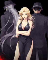 1girl 2boys back bare_arms bare_shoulders black_coat black_dress black_hair black_pants blonde_hair blood blue_eyes breasts cleavage coat collarbone crossed_arms dress finger_on_trigger formal_clothes gin_(meitantei_conan) grey_hair gun halterneck handgun hat holding holding_gun holding_weapon kuma_ym long_dress long_hair looking_at_viewer medium_breasts meitantei_conan multiple_boys pants parted_bangs pelvic_curtain red_lips shade sleeveless sleeveless_dress smile standing suit vermouth_(meitantei_conan) vodka_(meitantei_conan) wavy_hair weapon