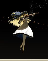 Rule 34 | 1girl, absurdres, apron, black background, black dress, black hairband, black shoes, blonde hair, blue hair, bow (music), closed eyes, colored inner hair, dress, floating hair, frilled apron, frills, from side, full body, hair intakes, hair ornament, hairband, highres, holding, holding bow (music), holding instrument, holding violin, instrument, juliet sleeves, kubu fugu, light particles, long hair, long sleeves, mary janes, medium dress, multicolored hair, music, pantyhose, planet, playing instrument, profile, puffy sleeves, reverse:1999, school uniform, shoes, solo, soviet school uniform, star (symbol), star hair ornament, very long hair, violin, voyager (reverse:1999), white apron, white pantyhose