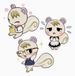 1boy ^_^ alternate_costume animal_crossing animal_ears animal_feet apron black_dress black_eyes blonde_hair blue_sailor_collar chinese_commentary closed_eyes commentary_request crossdressing dress drinking drinking_straw drinking_straw_in_mouth enmaided flying_sweatdrops formal_clothes full_body furry furry_male glasses holding holding_jar jar leaf lemonade maid male_focus male_maid marshal_(animal_crossing) multiple_views necktie nintendo one_eye_closed open_mouth pawpads qin_(7833198) sailor_collar shirt short_hair simple_background sitting smile sparkle squirrel_boy squirrel_ears squirrel_tail standing suit tail tears vest white_apron white_background white_shirt