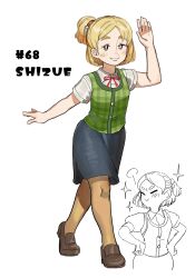 1girl absurdres animal_crossing bell black_skirt brown_shoes character_name collared_shirt dancho_no_mori doodle_inset full_body green_vest hair_bell hair_ornament half-closed_eyes hand_up highres humanization isabelle_(animal_crossing) looking_at_viewer neck_ribbon nintendo no_sclera numbered one_side_up pantyhose parted_lips penny_loafers red_ribbon ribbon shirt shoes short_sleeves skirt smile solo standing super_smash_bros. vest waving white_shirt white_undershirt