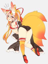 1girl ahoge all_fours animal_ear_fluff animal_ears ass bikini bikini_top_only black_panties black_shoes black_sleeves blush breasts brown_eyes brown_hair detached_sleeves fox_ears fox_girl fox_tail from_behind highres kneepits legs long_hair looking_back multiple_tails no_pants open_mouth orange_socks orange_thighhighs original panties red_bikini ribbon shoes single_sock single_thighhigh small_breasts smile socks solo swimsuit tail thighhighs thighs toconikky twintails underwear