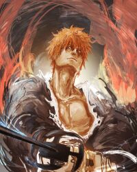 1boy absurdres aura bankai bleach brown_eyes closed_mouth collarbone commentary eyebrows_hidden_by_hair fighting_stance highres holding holding_sword holding_weapon katana kurosaki_ichigo lips long_sleeves looking_at_viewer male_focus nitrovu nose orange_hair shihakusho short_hair sketch solo spiked_hair sword tensa_zangetsu_(bankai) upper_body weapon