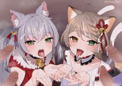 2girls absurdres ahoge animal_ear_fluff animal_ears bell braid braided_bangs cat_girl choker collarbone cum cum_in_mouth cum_on_body cum_on_hair cum_on_hands cum_on_tongue cumdrip erica_illust facial fangs forked_tail fur_trim green_eyes grey_hair group_sex hair_bell hair_ornament heterochromia highres kamizuki_naki light_brown_hair multiple_boys multiple_girls multiple_penises multiple_tails neck_bell nekomata notched_ear orgy penis prism_project second-party_source single_sleeve spiked_choker spikes suzune_nia tail tongue tongue_out two_tails virtual_youtuber wolf_girl yellow_eyes