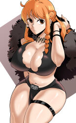 1girl absurdres belt bighead333 breasts brown_capelet brown_eyes brown_loincloth brown_skirt capelet choker cleavage closed_mouth collarbone commentary_request crop_top earrings feet_out_of_frame fur-trimmed_capelet fur_trim hand_up highres jewelry large_breasts long_hair looking_at_viewer midriff nami_(one_piece) nami_(one_piece)_(elbaf) navel official_alternate_costume official_alternate_hairstyle one_piece orange_hair pearl_earrings pelvic_curtain sidelocks skindentation skirt solo thigh_strap thighs wide_hips