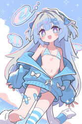 1girl :d absurdres anomea_(vrchat) asymmetrical_legwear attaka_tea bandaid bandaid_on_knee bandaid_on_leg bikini bikini_under_clothes blue_bikini blue_bow blue_eyes blue_hair blue_halo blue_jacket blue_pupils blue_sky blue_thighhighs blush blush_stickers bow cloud detached_wings dutch_angle feet_out_of_frame flat_chest grey_hair hair_between_eyes hair_bow hair_intakes halftone halftone_background halo highres jacket jacket_partially_removed leg_warmers loli long_hair long_sleeves looking_at_viewer loose_socks navel off_shoulder open_clothes open_jacket open_mouth partially_unzipped puffy_long_sleeves puffy_sleeves screentones single_sock single_thighhigh sky sleeves_past_wrists smile socks solo sparkle standing striped_bikini striped_clothes striped_thighhighs sweat swimsuit symbol-shaped_pupils tail thighhighs two_side_up very_long_hair vrchat white_bow white_socks wings zipper zipper_pull_tab