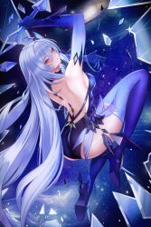1girl ass backless_outfit bare_shoulders breasts floating from_behind full_body genshin_impact hair_between_eyes holding large_breasts long_hair looking_back prosthesis puppnet red_eyes sideboob skirk_(genshin_impact) solo star_(sky) starry_sky_background very_long_hair white_hair