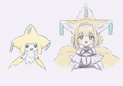 1girl animal_ears arknights blonde_hair crossover fox_ears fox_girl fox_tail gen_3_pokemon green_eyes hairband highres jirachi landl legendary_pokemon mythical_pokemon nintendo pokemon pokemon_(creature) simple_background smile suzuran_(arknights) tail
