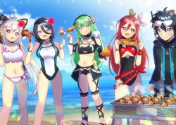 Rule 34 | 1boy, 4girls, animal, animal on head, bikini, bird, black bikini, black hair, black jacket, black one-piece swimsuit, black shirt, blue sky, blurry, blurry background, breasts, brown eyes, cleavage, cloud, commentary request, commission, cooking, day, depth of field, diving mask, diving mask on head, food, food request, fork, goggles, goggles on head, green hair, grey hair, grill, grilling, hair between eyes, holding, holding food, holding fork, holding plate, hood, hood down, hooded jacket, horizon, jacket, kou hiyoyo, medium breasts, multiple girls, navel, ocean, on head, one-piece swimsuit, open clothes, open jacket, outdoors, phantasy star, phantasy star online 2, phantasy star online 2 new genesis, plate, purple eyes, red eyes, red hair, shirt, shrimp, shrimp tempura, skeb commission, skewer, sky, snorkel, swimsuit, tempura, water, white bikini