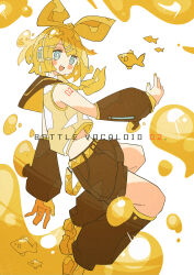 1girl :d absurdres arm_tattoo belt blonde_hair blue_eyes blush bright_pupils brown_sailor_collar brown_shorts brown_sleeves commentary_request detached_sleeves fish haru57928031 headphones highres kagamine_rin looking_at_viewer medium_hair number_tattoo open_mouth sailor_collar shorts smile solo tattoo tongue vocaloid white_background white_pupils yellow_belt yellow_nails yellow_theme